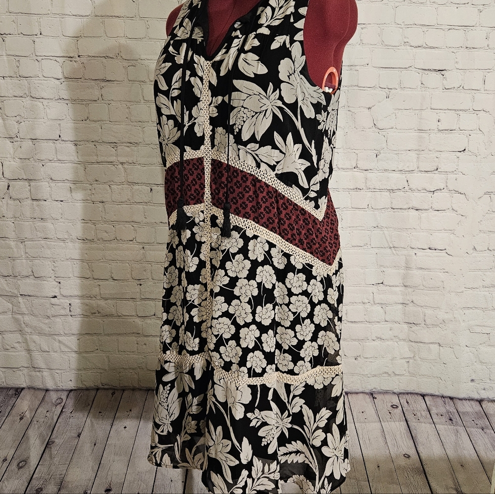 LOFT Black and Cream Floral Midi Dress